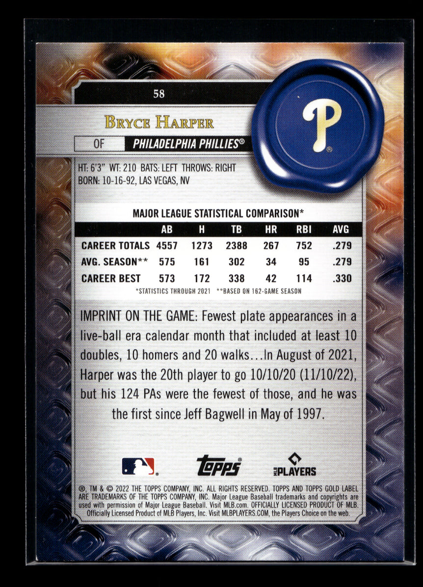 2022 Topps Gold Label Class 1 #58 Bryce Harper (Philadelphia Phillies)