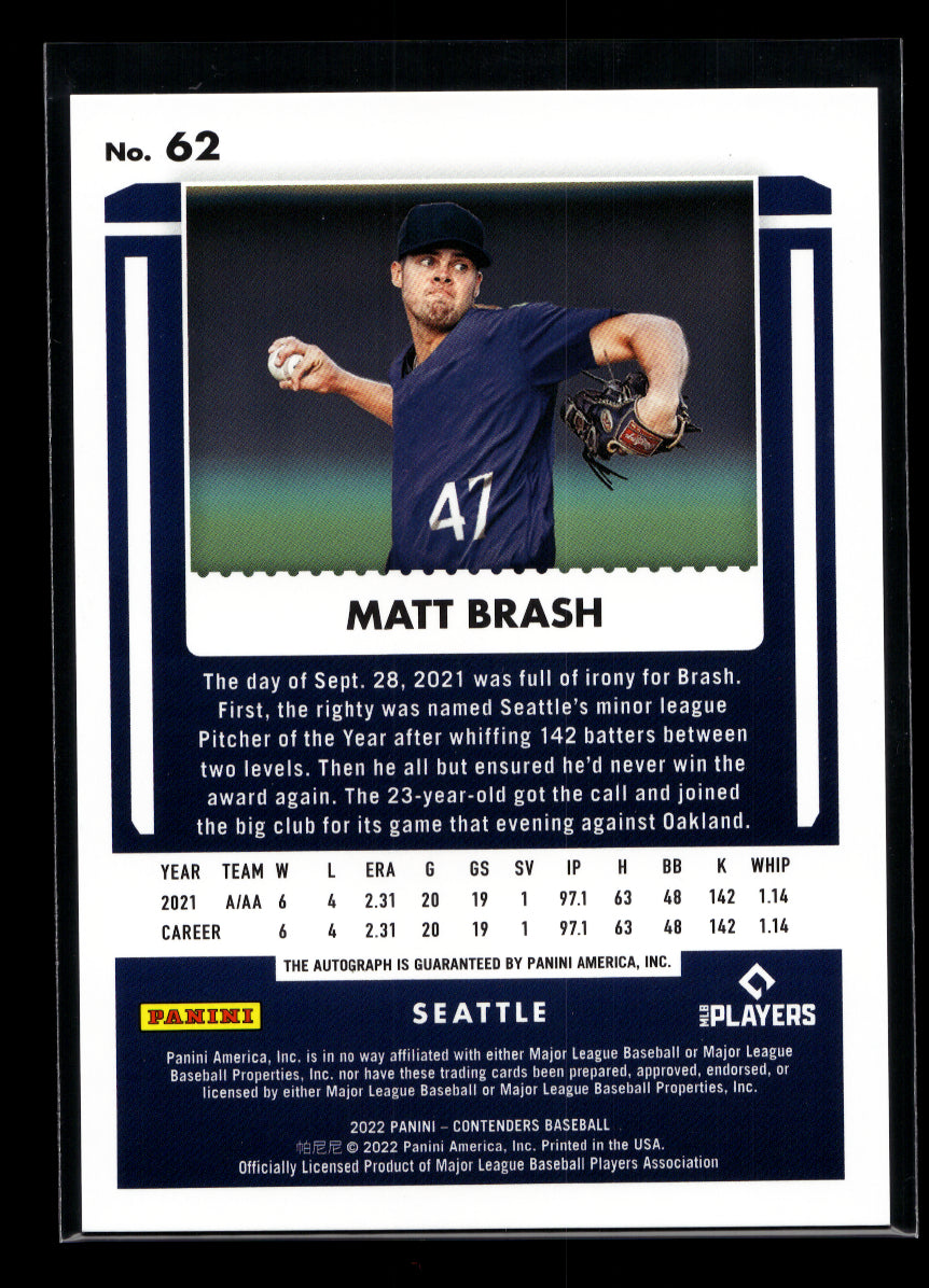 2022 Panini Chronicles Contenders Rookie Fame Ticket #62 Matt Brash #'d 1/5 (Seattle Mariners)