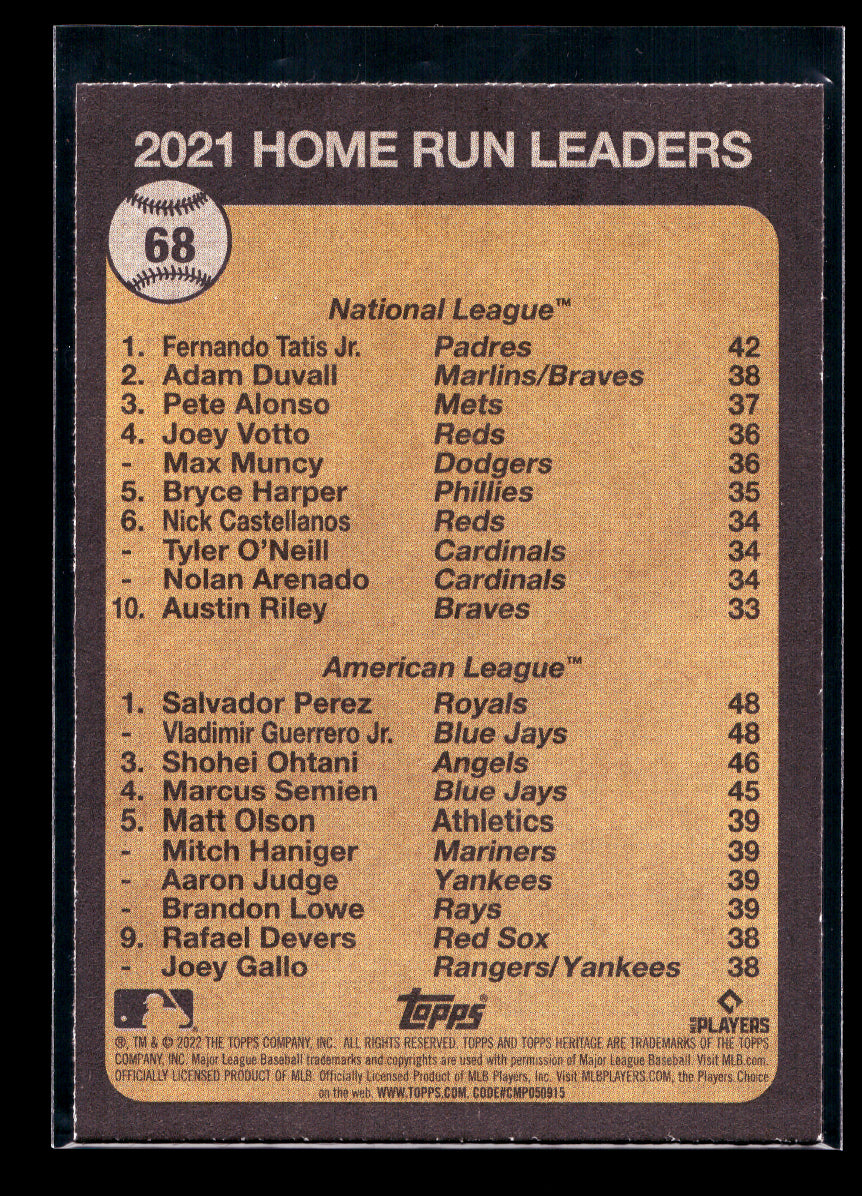 2022 Topps Heritage #68 Fernando Tatis Jr./Salvador Perez/Vladimir Guerrero Jr. (Kansas City Royal)