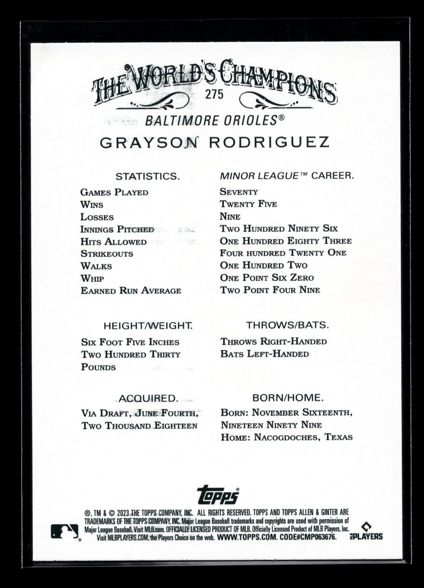 2023 Topps Allen and Ginter Silver Portrait #275 Grayson Rodriguez Rookie (Baltimore Orioles)