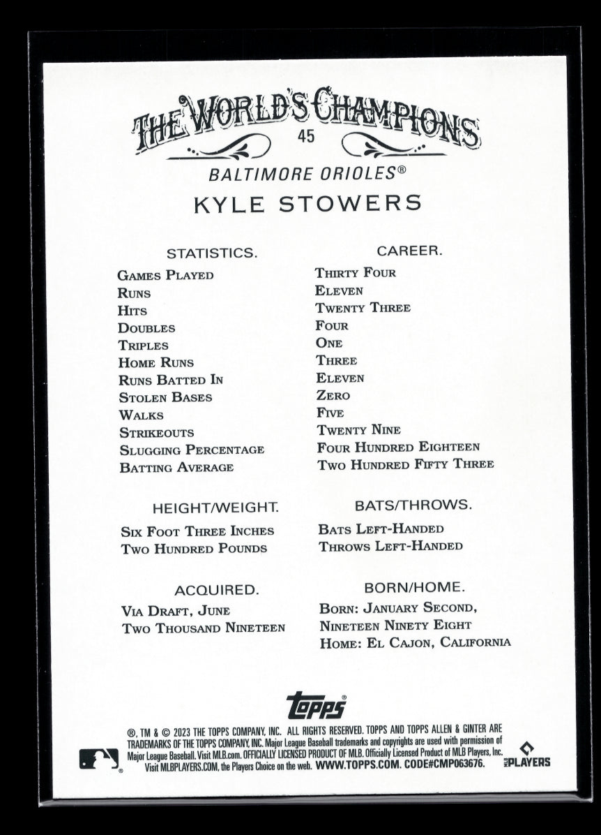 2023 Topps Allen and Ginter Silver Portrait #45 Kyle Stowers Rookie (Baltimore Orioles)