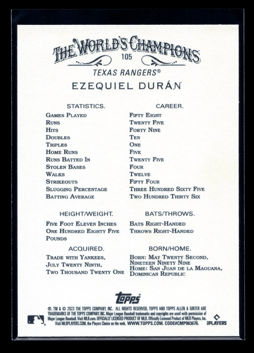 2023 Topps Allen and Ginter #105 Ezequiel Duran Rookie (Texas Rangers)