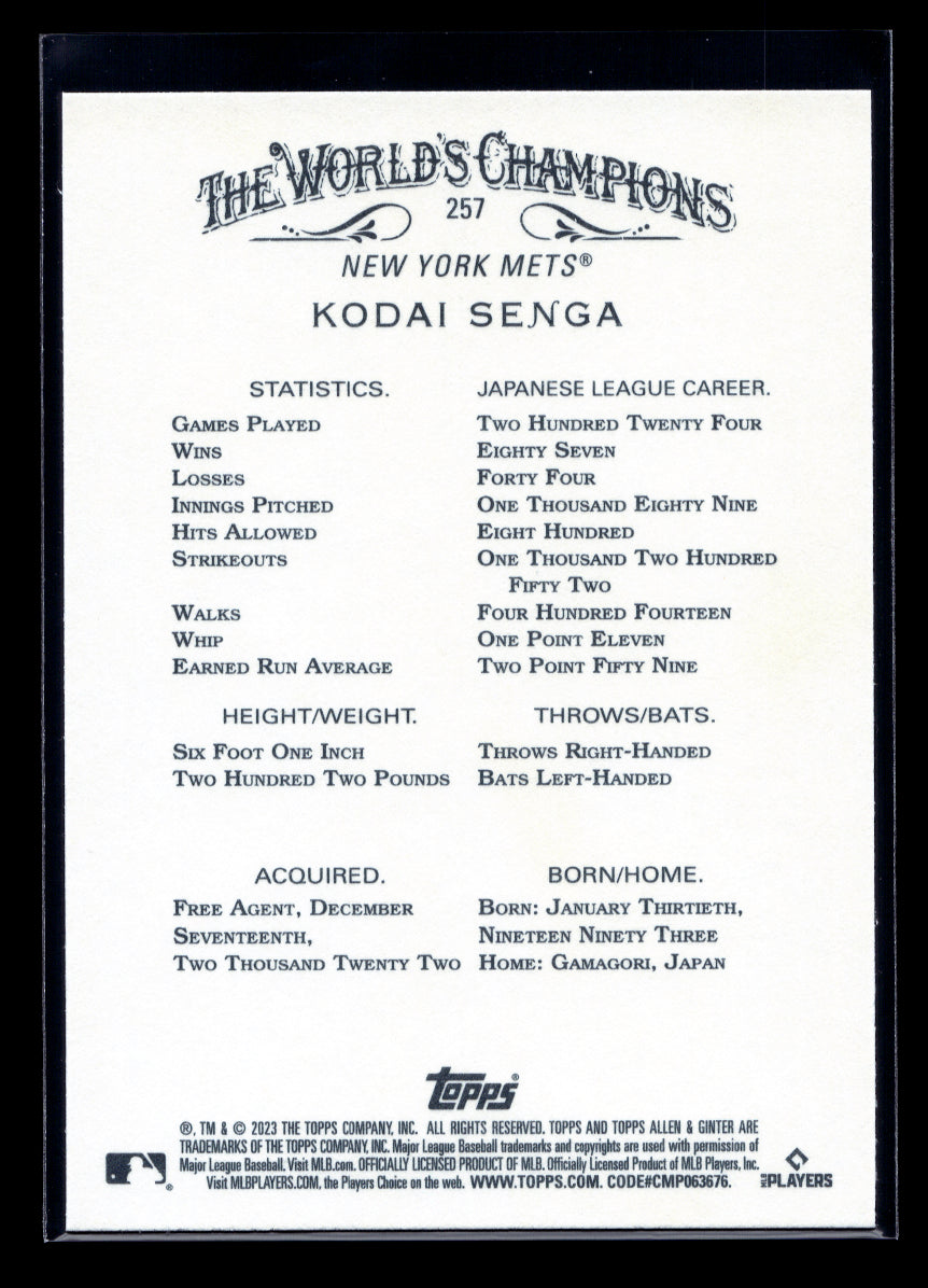 2023 Topps Allen and Ginter #257 Kodai Senga Rookie (New York Mets)