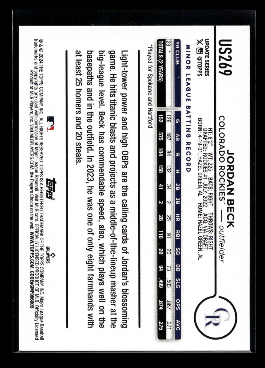 2024 Topps Update #US269 Jordan Beck Rookie (Colorado Rockies)