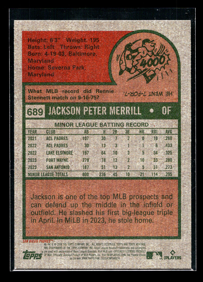 2024 Topps Heritage #689 Jackson Merrill Rookie (San Diego Padres)