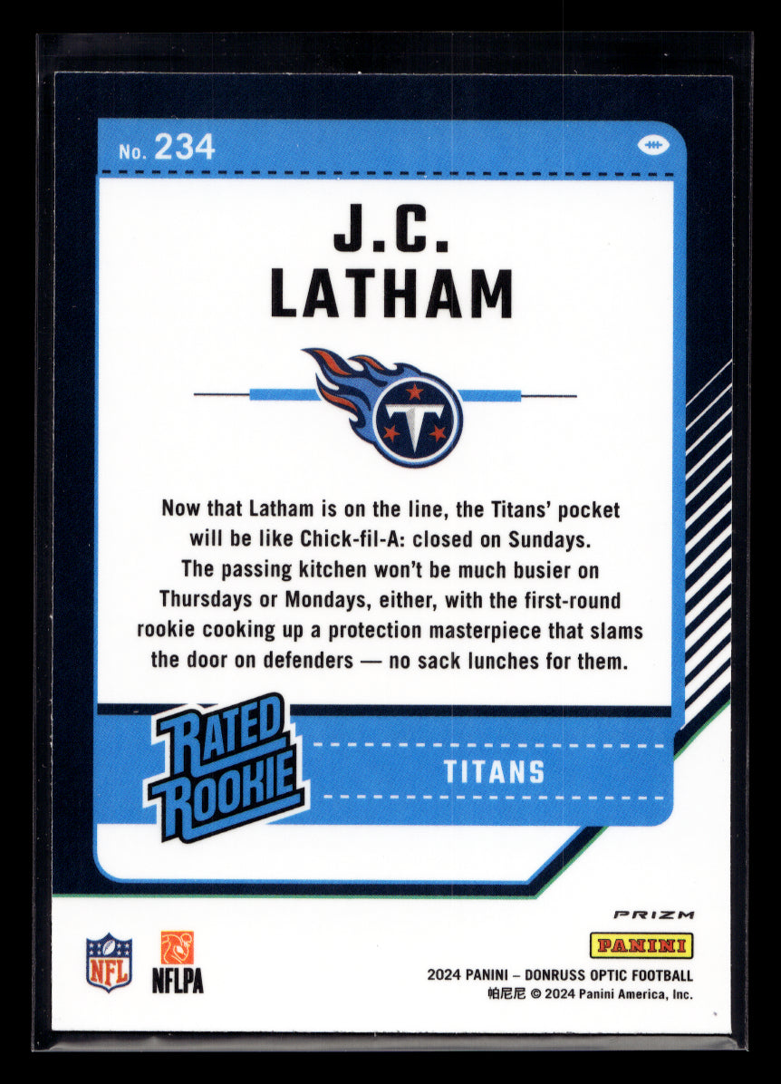 2024 Donruss Optic Purple Shock #234 JC Latham Rated Rookie (Tennessee Titans)