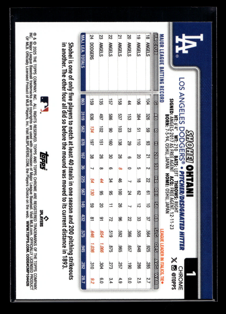 2025 Topps Chrome Baseball Shohei Ohtani #1 (Los Angeles Dodgers)