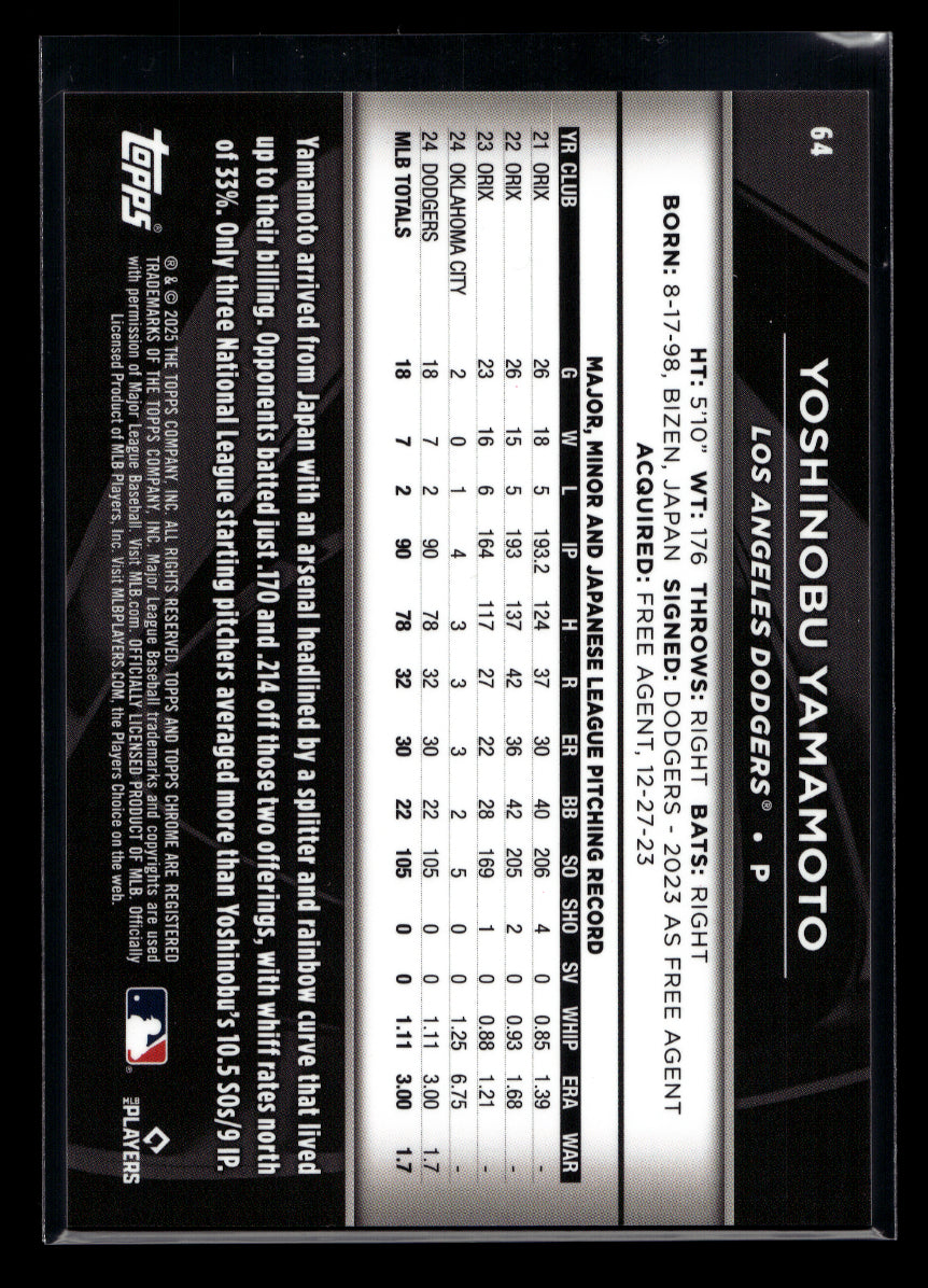 2025 Topps Chrome Black Purple Refractors #64 Yoshinobu Yamamoto #'d /75 (Los Angeles Dodgers)