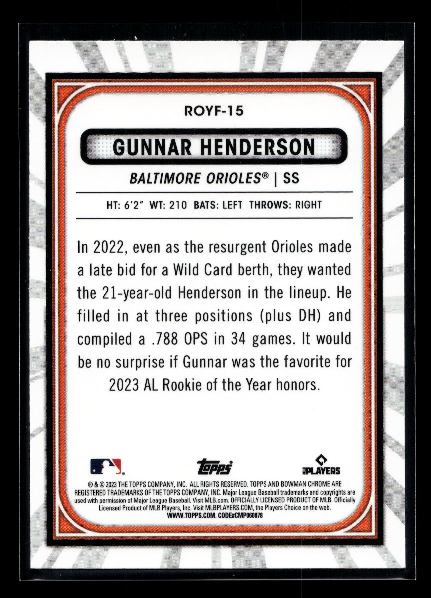 2023 Bowman Chrome Mega Box Rookie of the Year Favorites #ROYF15 Gunnar Henderson (Baltimore Orioles)