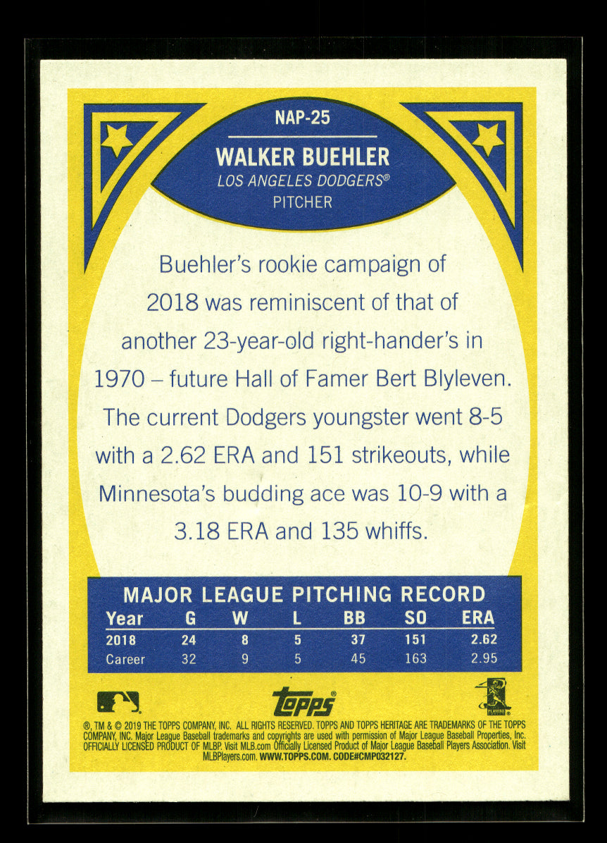 2019 Topps Heritage New Age Performers #NAP25 Walker Buehler (Los Angeles Dodgers)