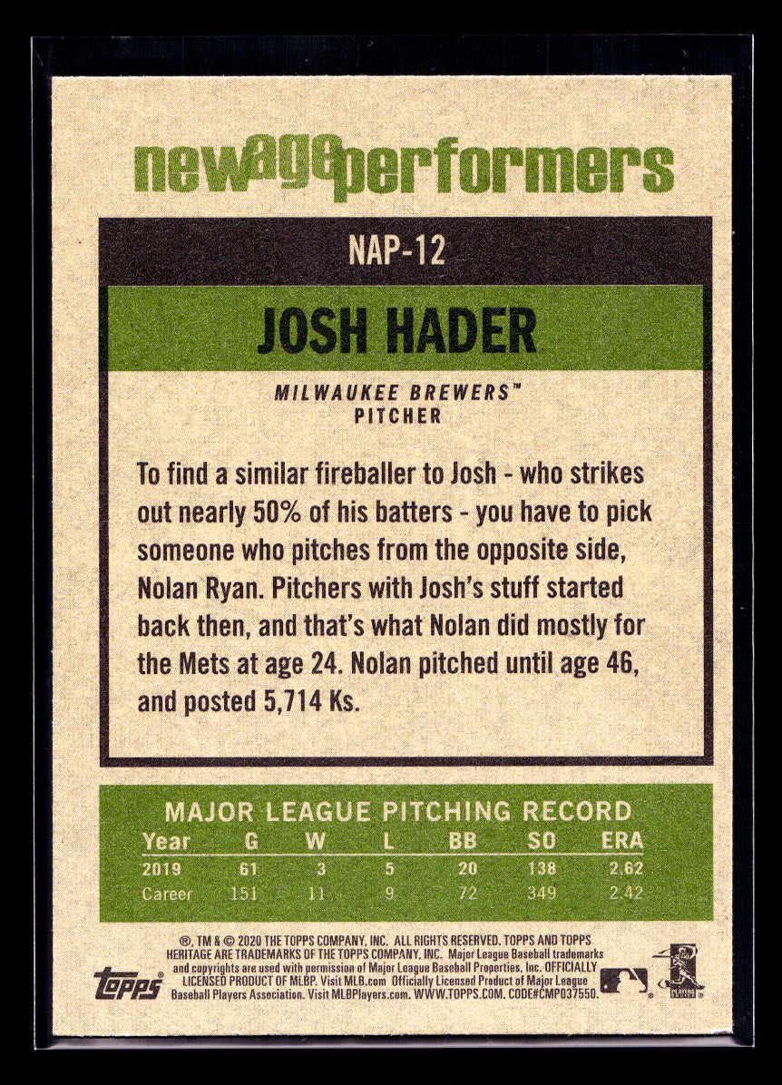 2020 Topps Heritage New Age Performers #NAP12 Josh Hader (Milwaukee Brewers)