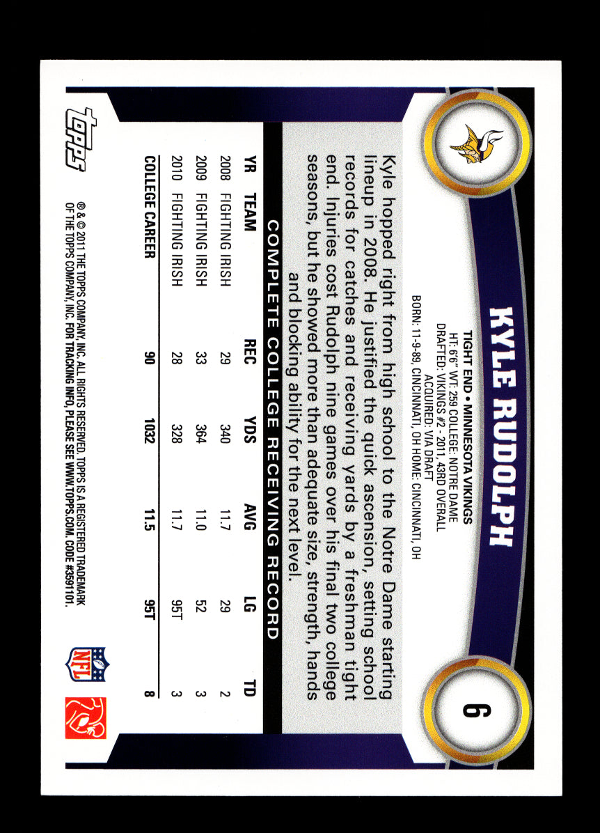 2011 Topps Gold #6 Kyle Rudolph Rookie (Minnesota Vikings)