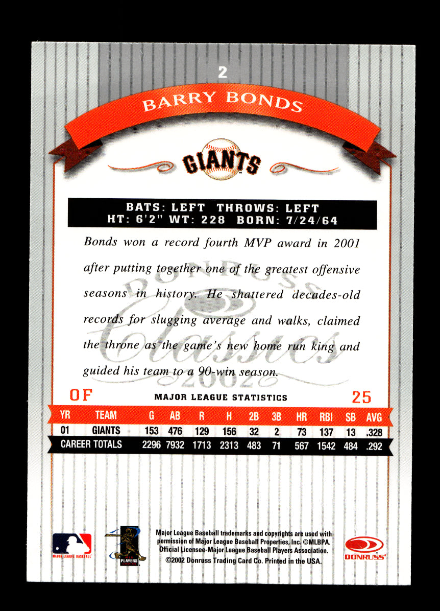 2002 Donruss Classics #2 Barry Bonds (San Francisco Giants)
