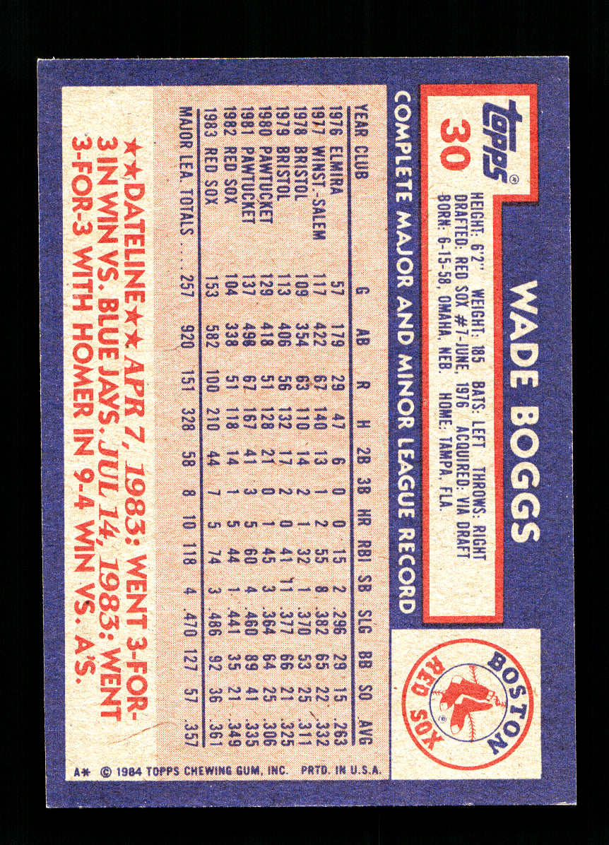 1984 Topps #30 Wade Boggs (Boston Red Sox)