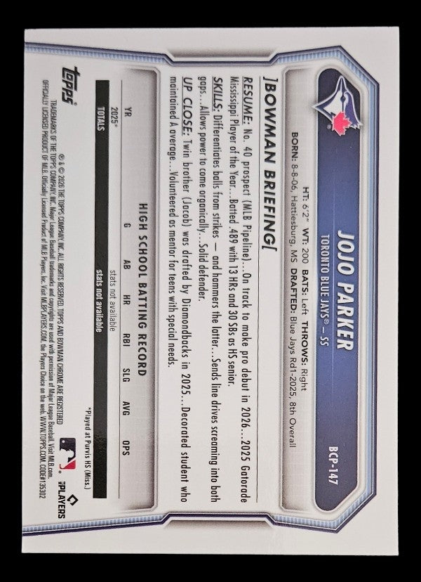2026 Bowman #BCP-147 JoJo Parker Chrome Prospects Fuchsia Ref. #/199 BLUE JAYS