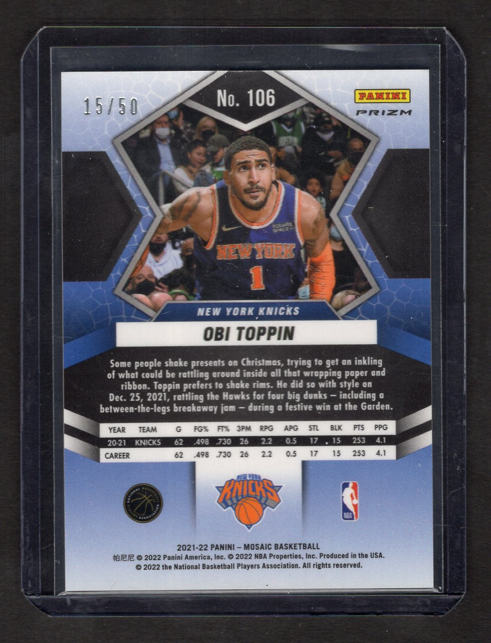 2020 Panini Mosaic Obi Toppin Rookie #273 Fast Break Purple Prizm #'d /50 (New York Knicks)