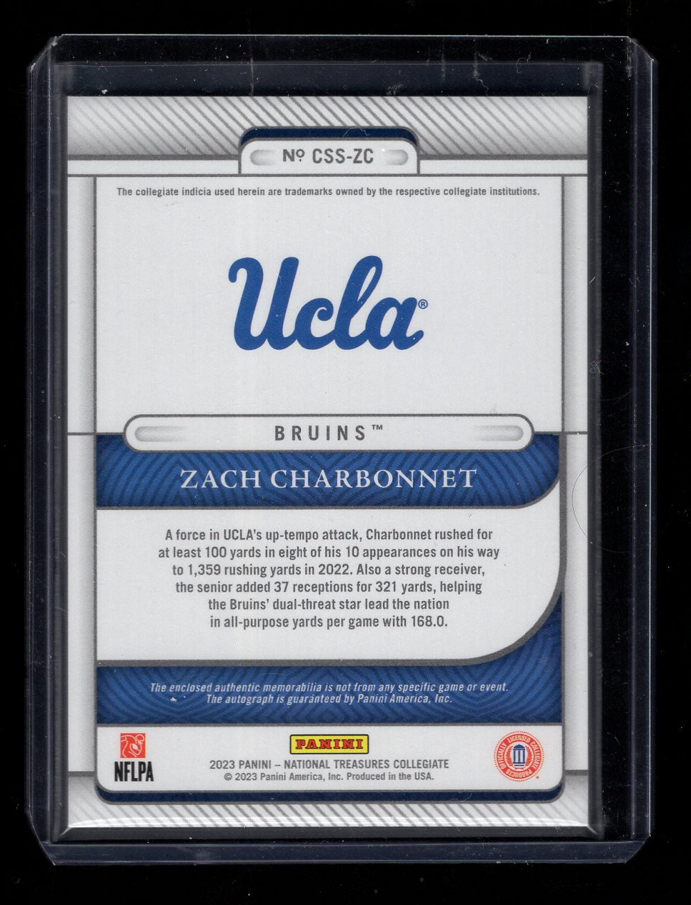 2023 Panini National Treasures #CSS-ZC Zach Charbonnet Rookie Patch Autograph #'d /99 (Seattle Seahawks)