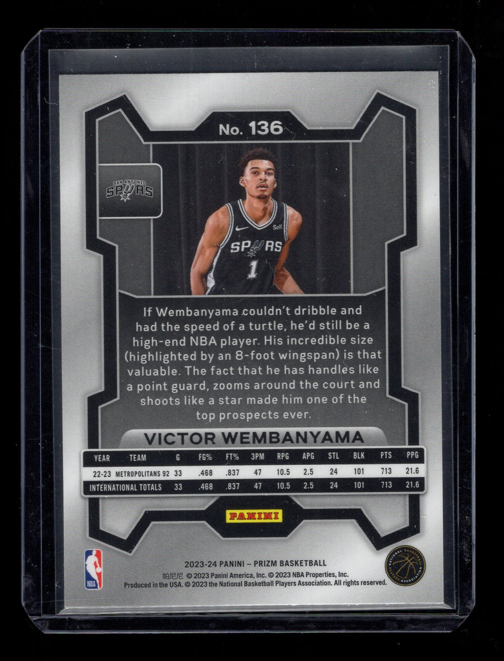 2023-24 Panini #136 Victor Wembanyama Rookie RC (San Antonio Spurs)