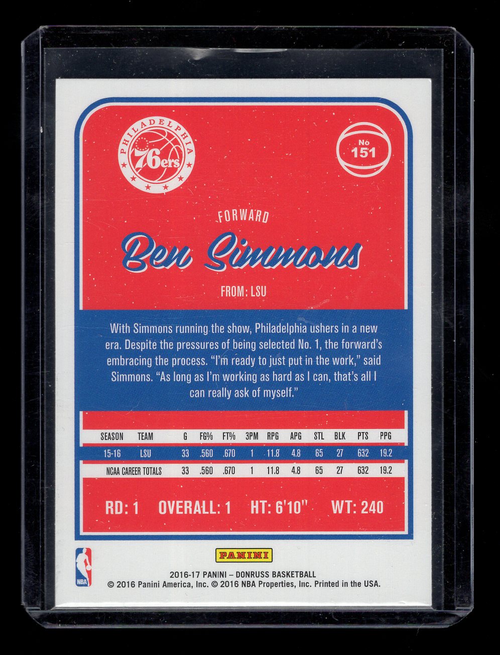 2016-17 Donruss #151 Ben Simmons Rookie RC (Philadelphia 76ers)