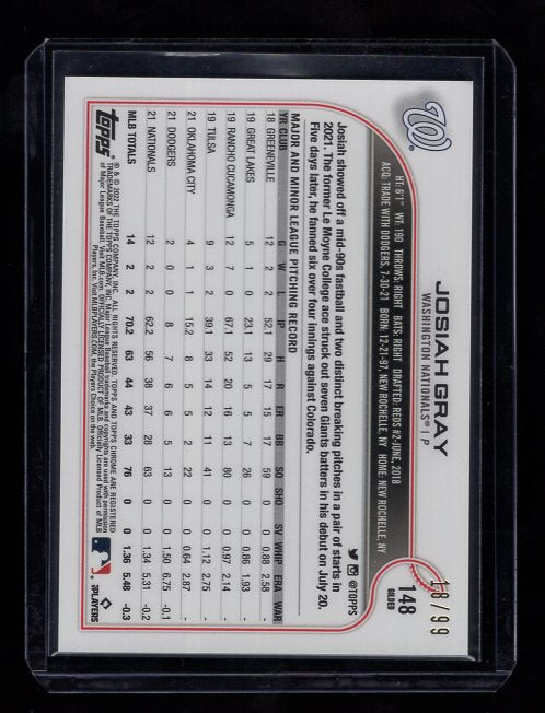 2022 Topps Gilded Collection Topps Chrome Gold Etch Refractors #148 Josiah Gray RC #'d /99 (Washington Nationals)
