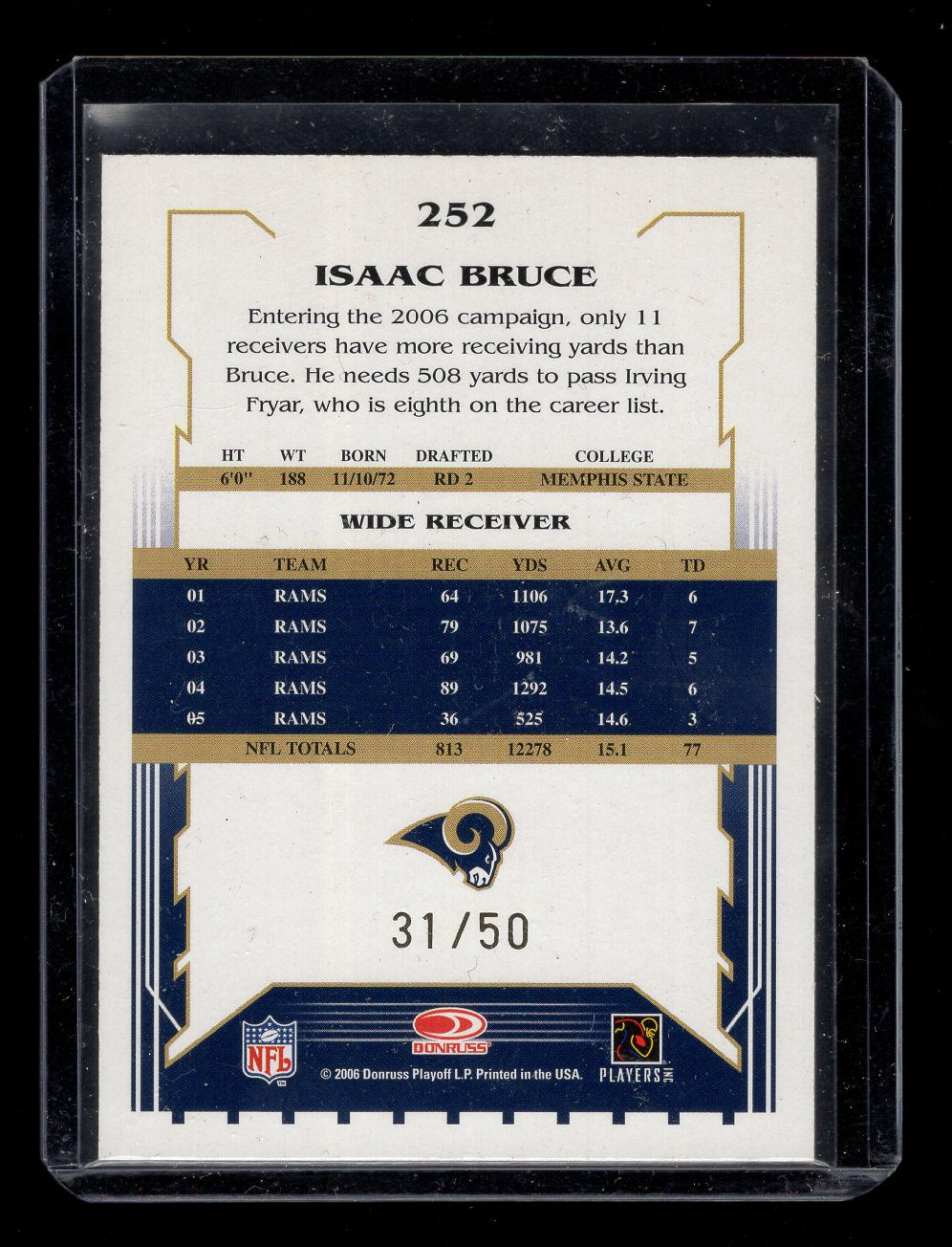 2006 Select Gold #252 Isaac Bruce #'d /50 (St. Louis Rams)