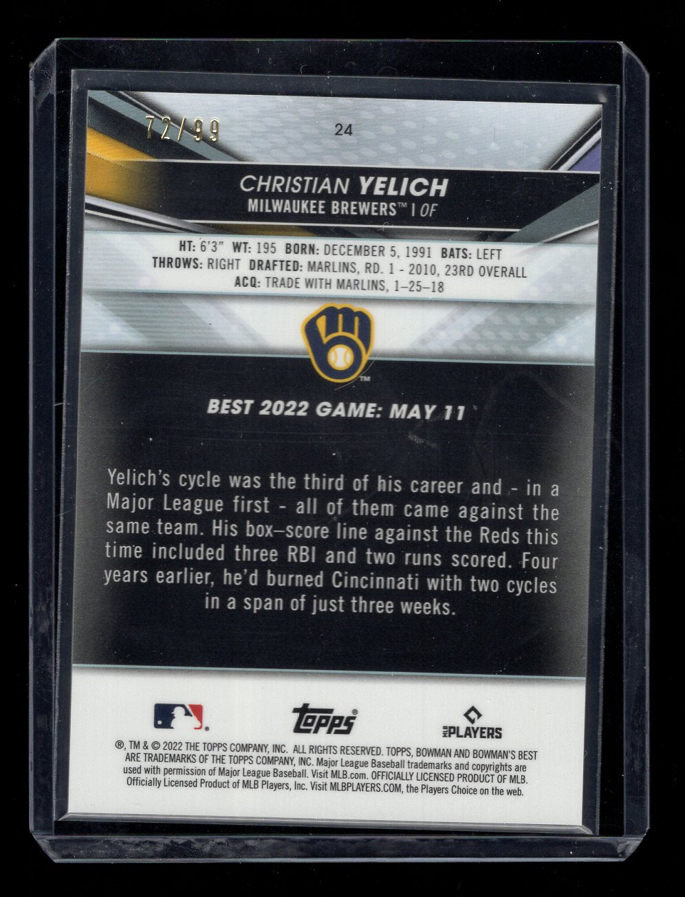 2022 Bowman's Best Green Refractors #24 Christian Yelich #'d /99 (Milwaukee Brewers)