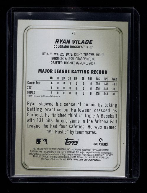 2022 Bowman Platinum Ice #25 Ryan Vilade (Colorado Rockies)