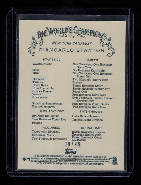 2020 Topps Allen and Ginter Chrome Green Refractors #119 Giancarlo Stanton #'d 89/99 (New York Yankees)