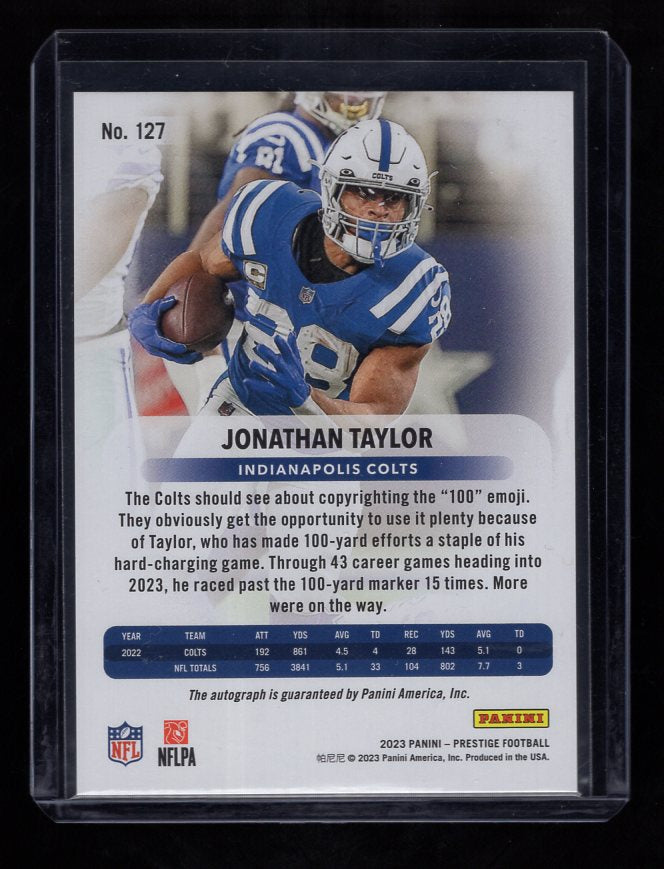 2023 Prestige #127 Jonathan Taylor Autograph Xtra Points Blue #'d /50 Gold (Indianapolis Colts)