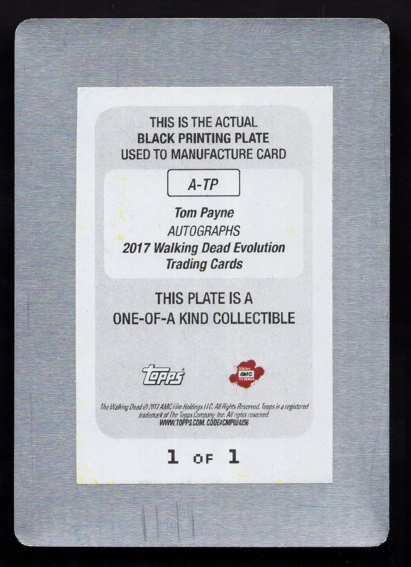 2017 Walking Dead Evolution Black Printing Plate "Tom Payne" as Paul Jesus Rovia Autograph