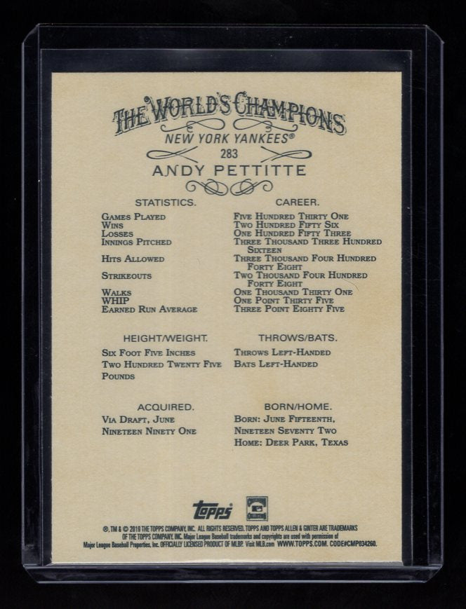 2019 Topps Allen and Ginter #283 Andy Pettitte (New York Yankees)