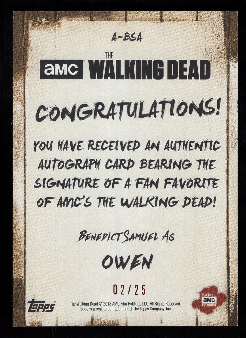 2018 Topps The Walking Dead Benedict Samuel as Owen Autograph #'d /25