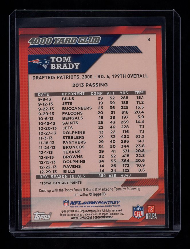 2014 Topps 4000 Yard Club #8 Tom Brady (New England Patriots)
