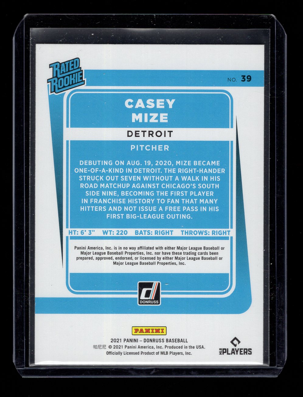 2021 Donruss #39 Casey Mize Rated Rookie (Detroit Tigers)