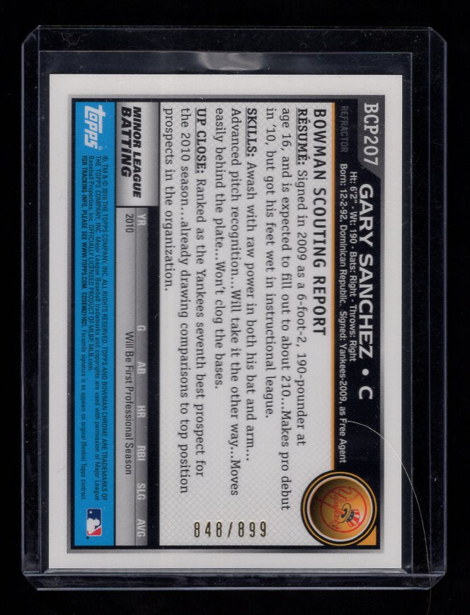 2010 Bowman Chrome Prospects Purple Refractors #BCP207 Gary Sanchez #'d /899 (New York Yankees)