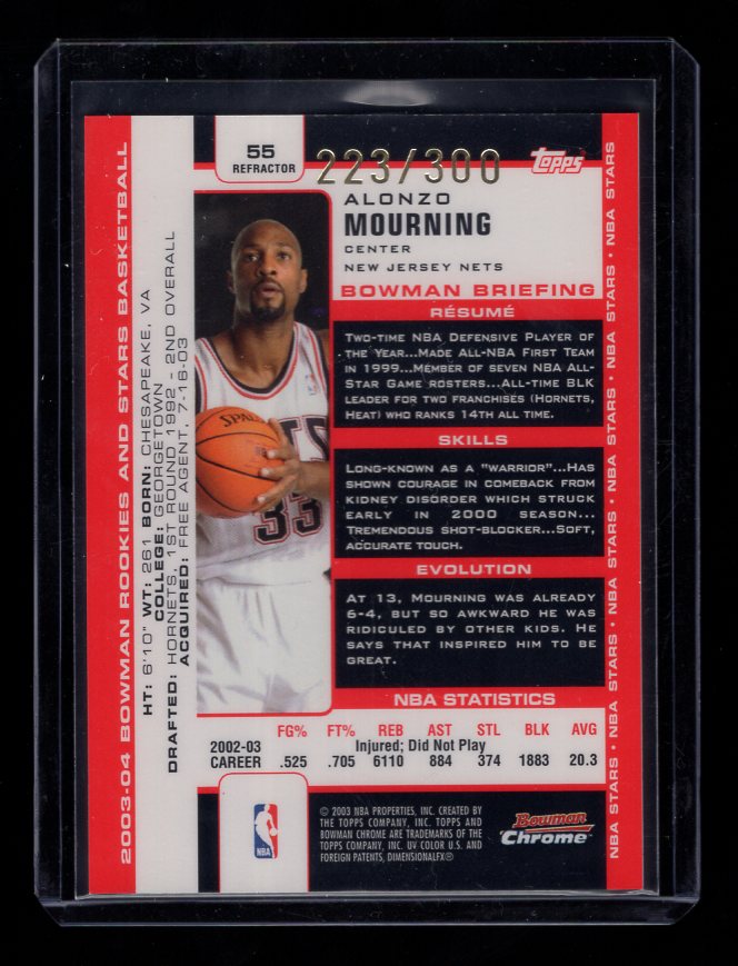 2003-04 Bowman Chrome Refractor #55 Alonzo Mourning #'d 223/300 (New Jersey Nets)