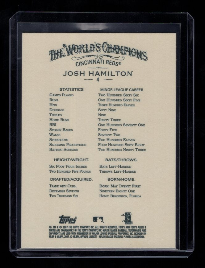 2007 Topps Allen and Ginter #4 Josh Hamilton Rookie (Cincinnati Reds)