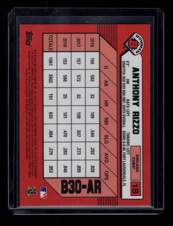 2019 Bowman Chrome 30th Anniversary #B30AR Anthony Rizzo (Chicago Cubs)