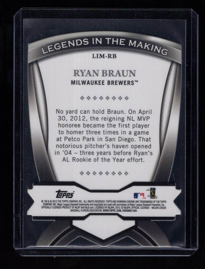 2012 Bowman Chrome Legends In The Making Die Cuts #RB Ryan Braun (Milwaukee Brewers)
