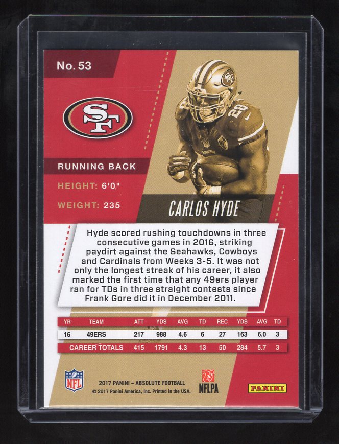 2017 Absolute #53 Carlos Hyde (San Francisco 49ers)