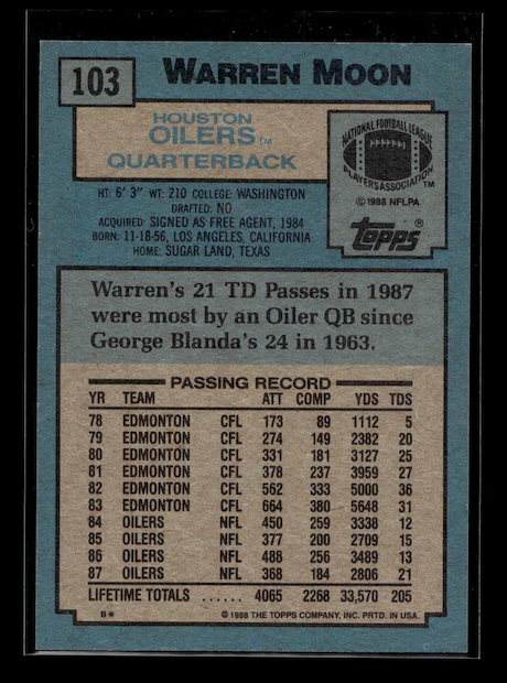 1988 Topps #103 Warren Moon (Houston Oilers)
