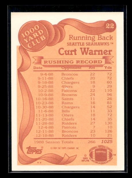 1989 Topps 1000 Yard Club #22 Curt Warner (Seattle Seahawks)