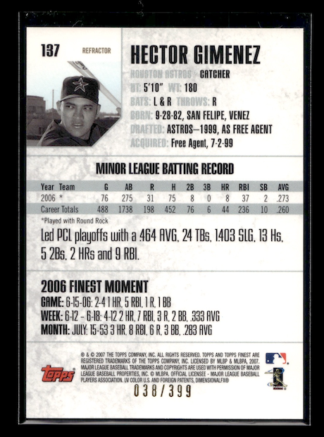 2007 Finest Refractors Blue #137 Hector Gimenez #'d 038/399 (Houston Astros)