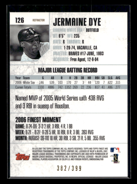 2007 Finest Refractors Blue #126 Jermaine Dye #'d 382/399 (Chicago White Sox)