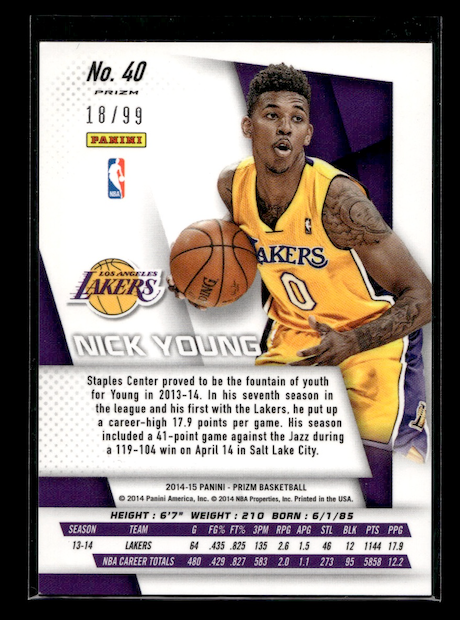 2014-15 Panini Prizm Prizms Blue #40 Nick Young #'d 18/99 (Los Angeles Lakers)