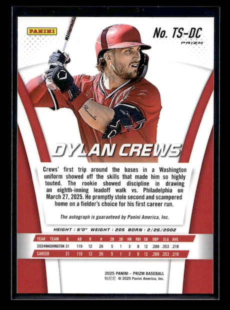 2025 Prizm Baseball Dylan Crews #TS-DC Rookie Throwback Signatures (Washington Nationals)