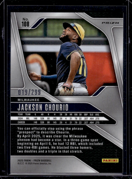 2025 Panini Prizm Prizms Red #108 Jackson Chourio #'d 019/299 (Milwaukee Brewers)