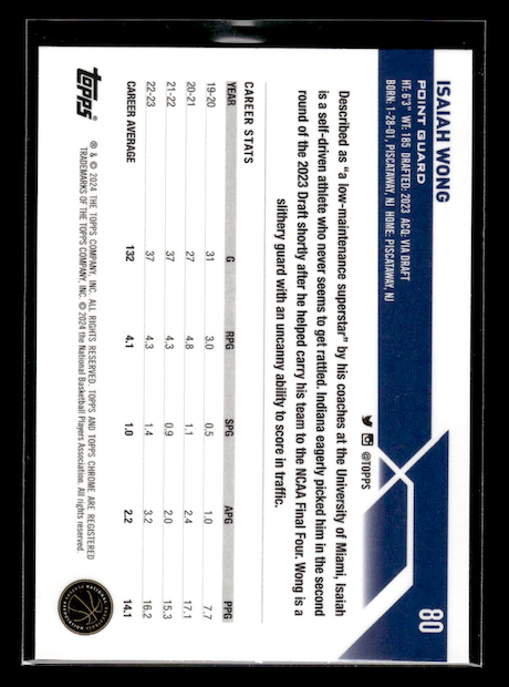 2023-24 Topps Chrome #80 Isaiah Wong Rookie (Indiana Pacers)