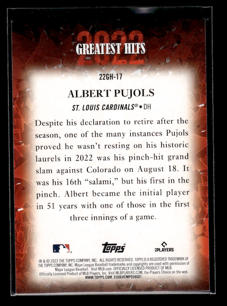 2023 Topps '22 Greatest Hits #22GH17 Albert Pujols (St. Louis Cardinals)
