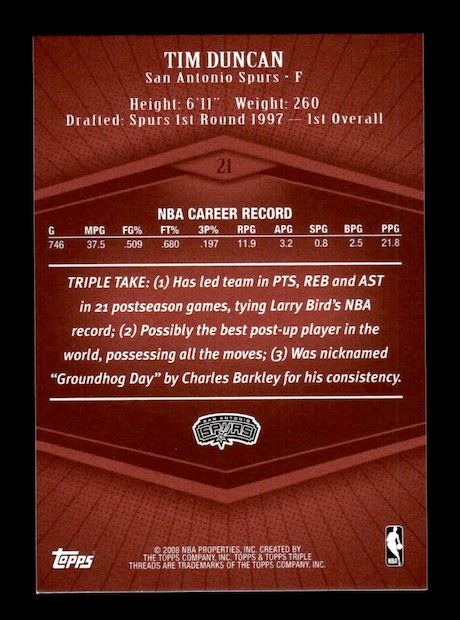 2007-08 Topps Triple Threads #21 Tim Duncan #'d 311/333 (San Antonio Spurs)